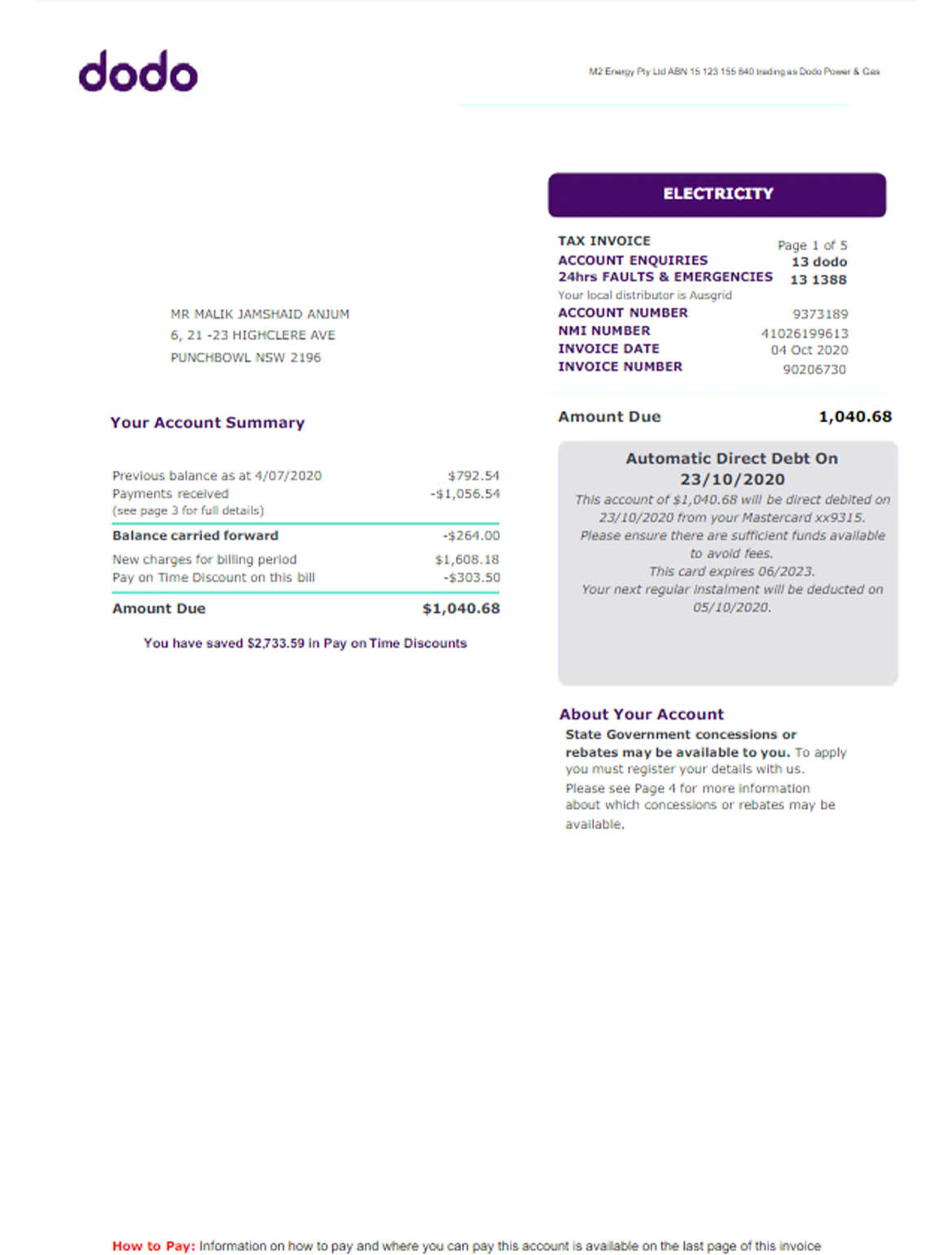 Australia New South Wales Dodo utility bill
