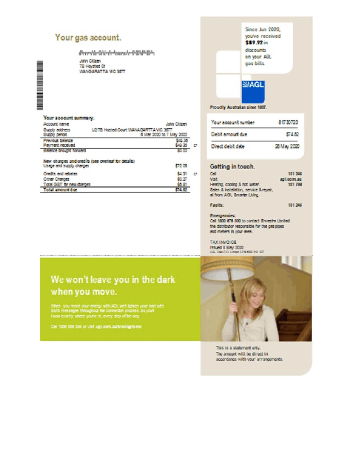 Australia AGL gas utility bill 