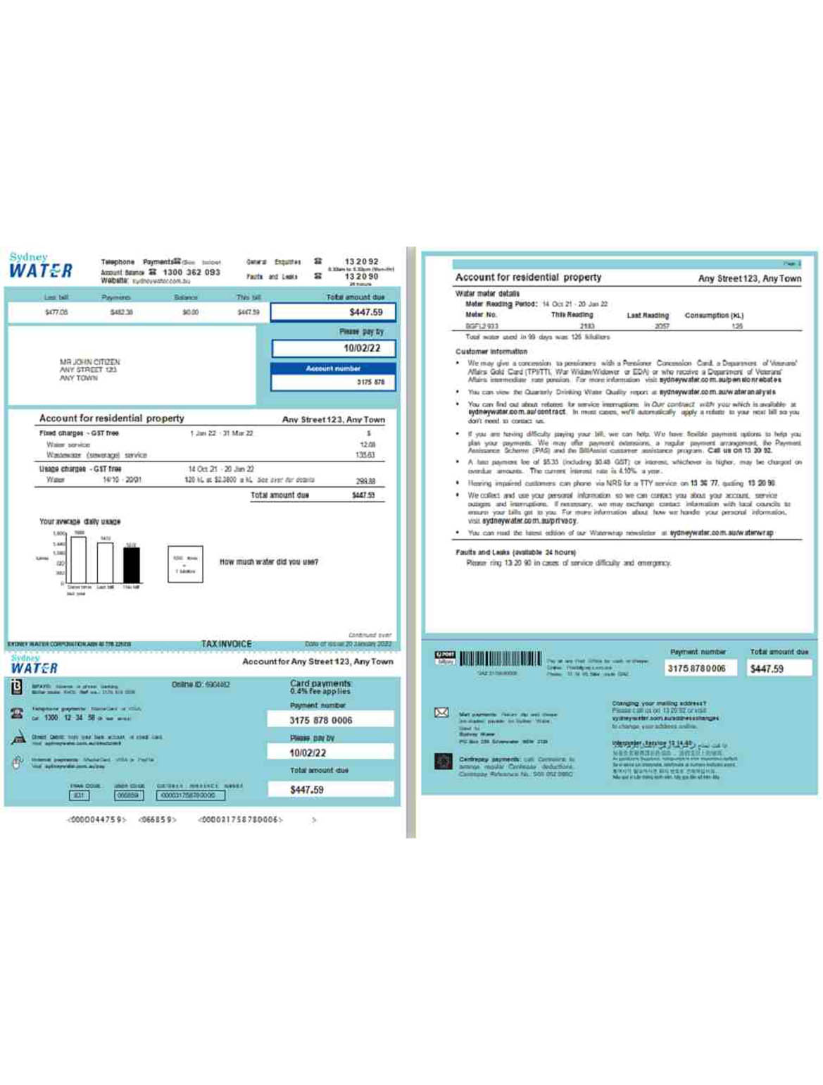 Australia Sydney water utility bill