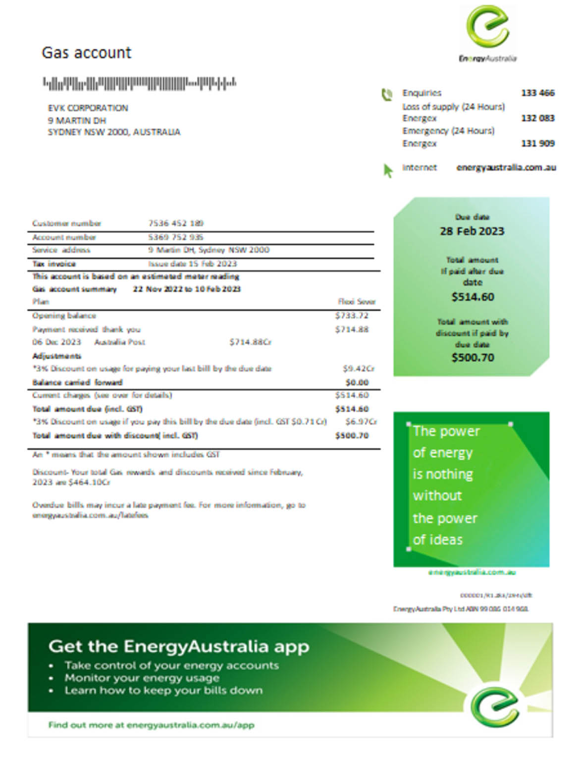 Australia Energy Australia gas utility bill 