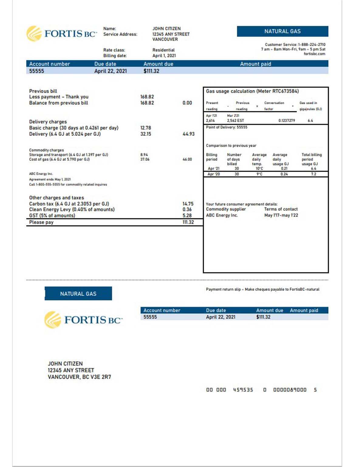 Canada British Columbia FortisBC utility bill 