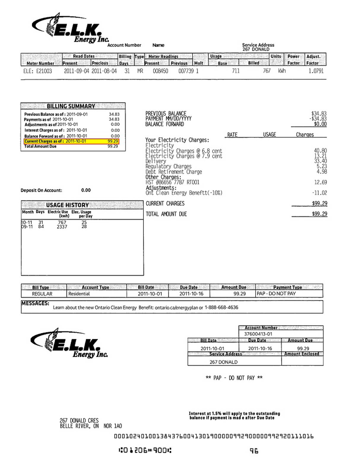Canada ELK energy utility bill