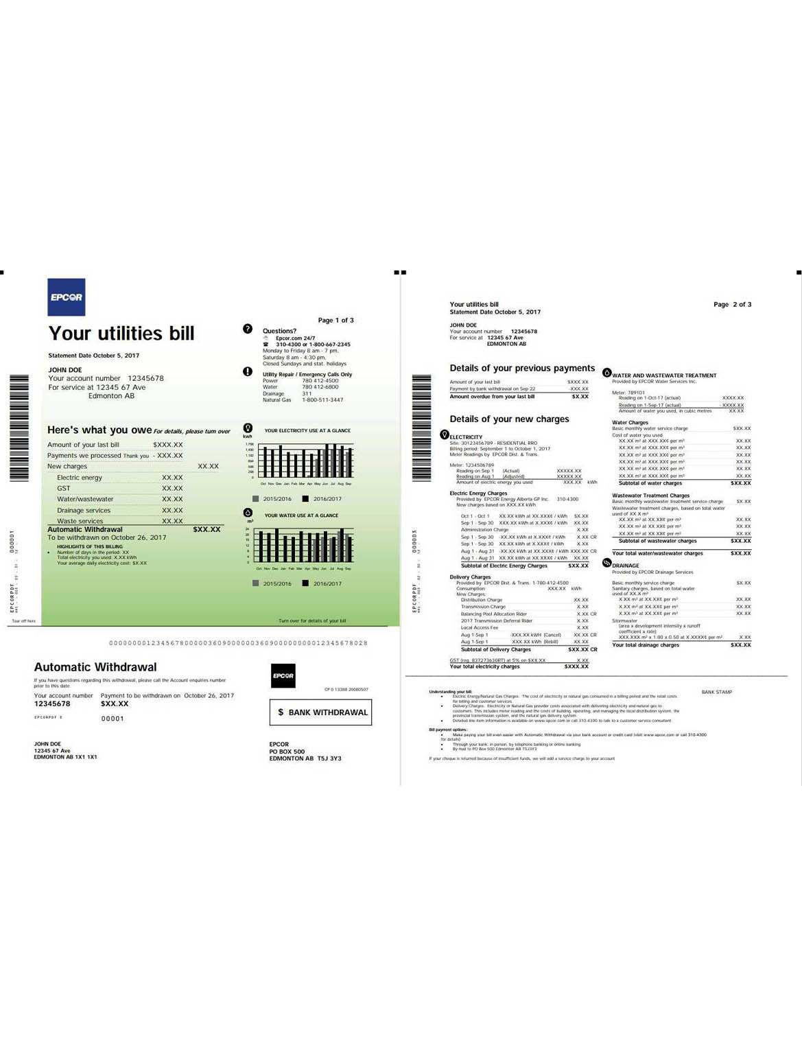Canada Epcor electricity utility bill 