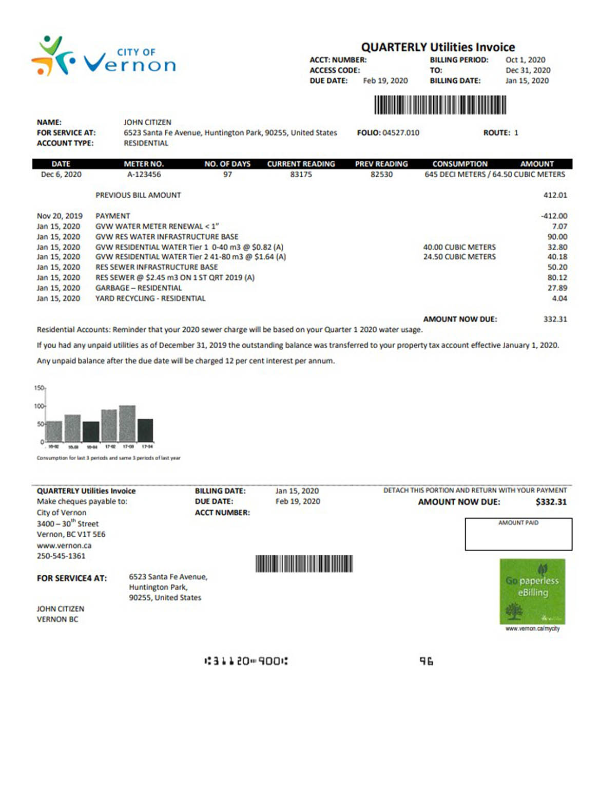 USA Canada City of Vernon water utility bill