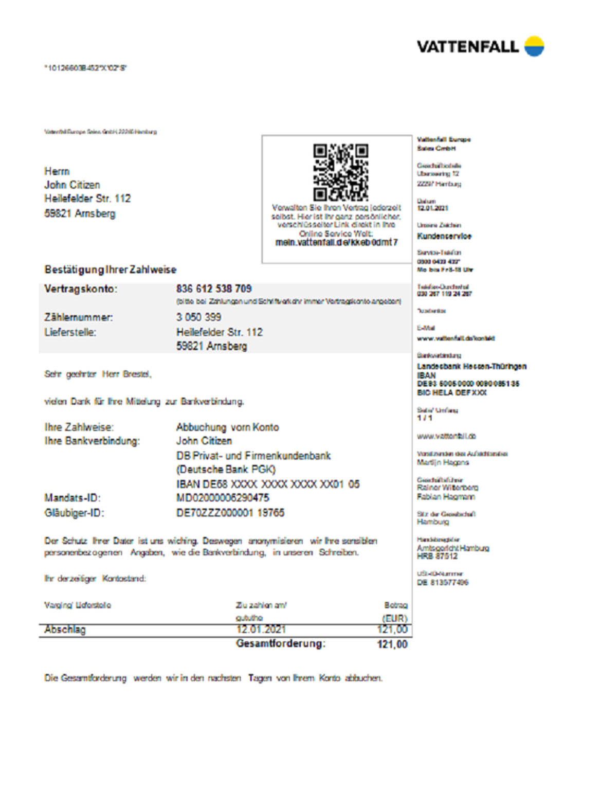 Germany Vattenfall utility bill