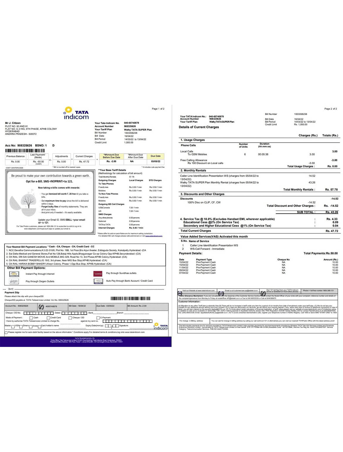 India Tata Indicom mobile utility bill 