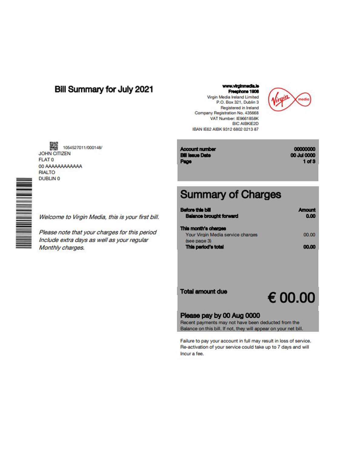 Ireland Virgin media utility bill, PDF and Word download template version 1