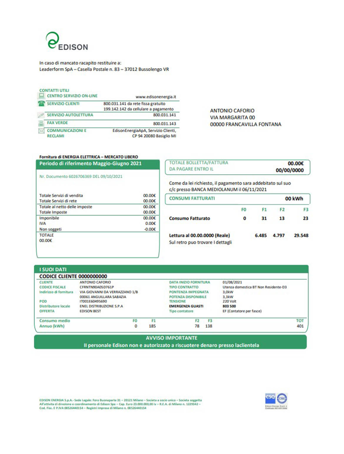 Italy Edison utility bill