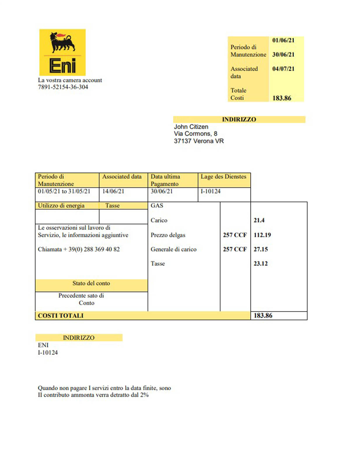 Italy gas utility bill 