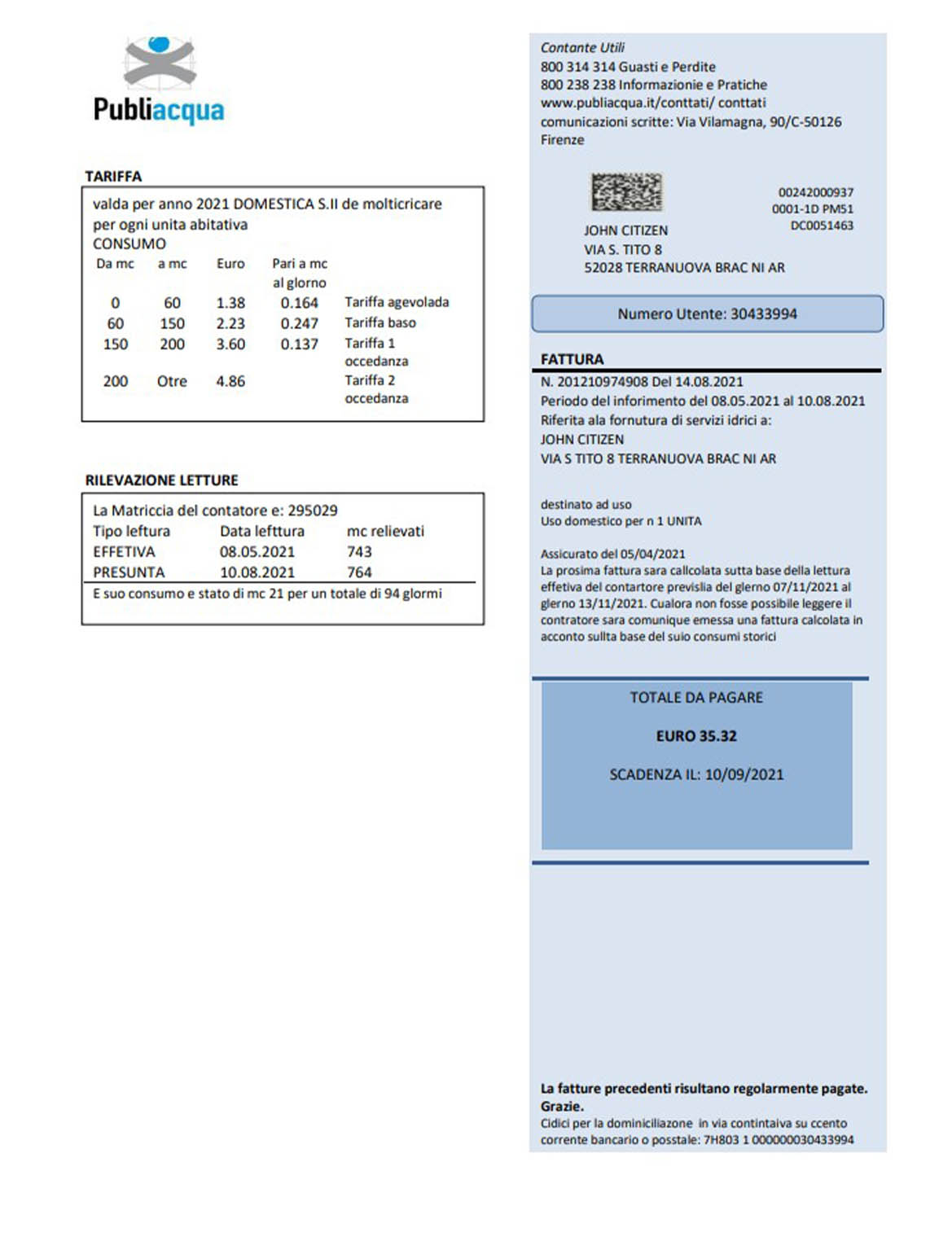 Italy Publiacqua utility bill