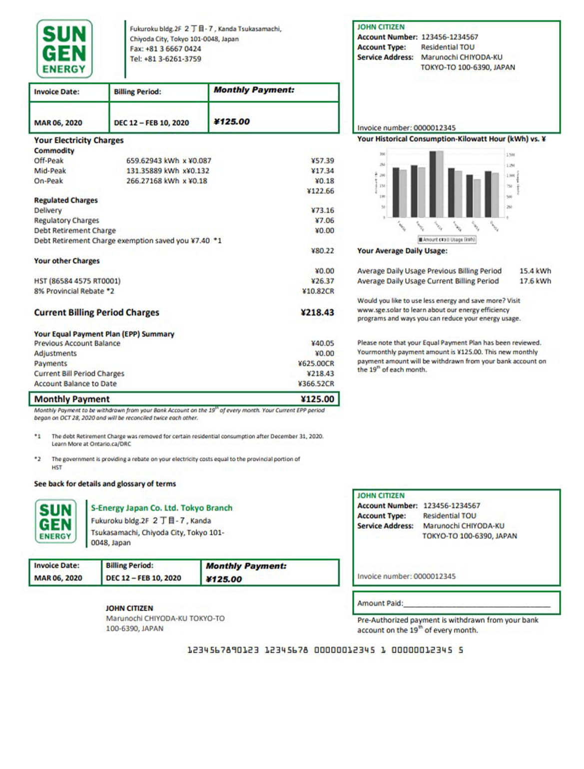 Japan S-Energy Japan Co. Ltd. Tokyo branch utility bill