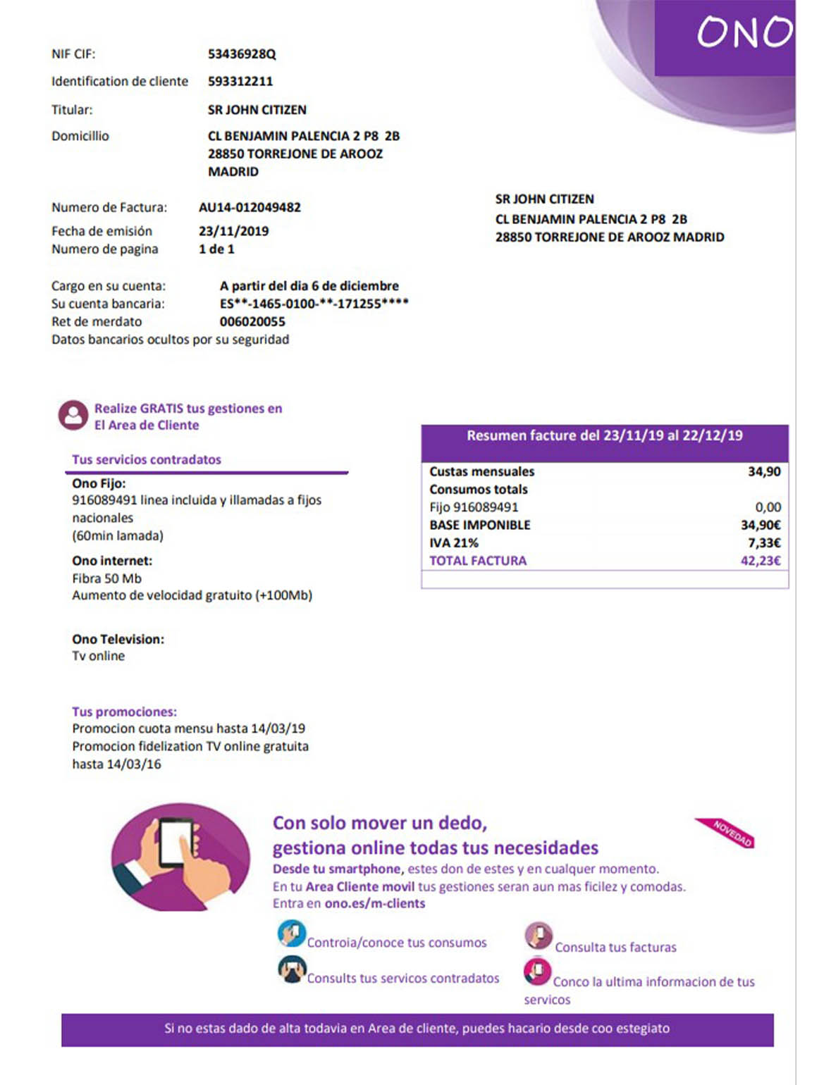 Spain ONO easy fillable utility bill