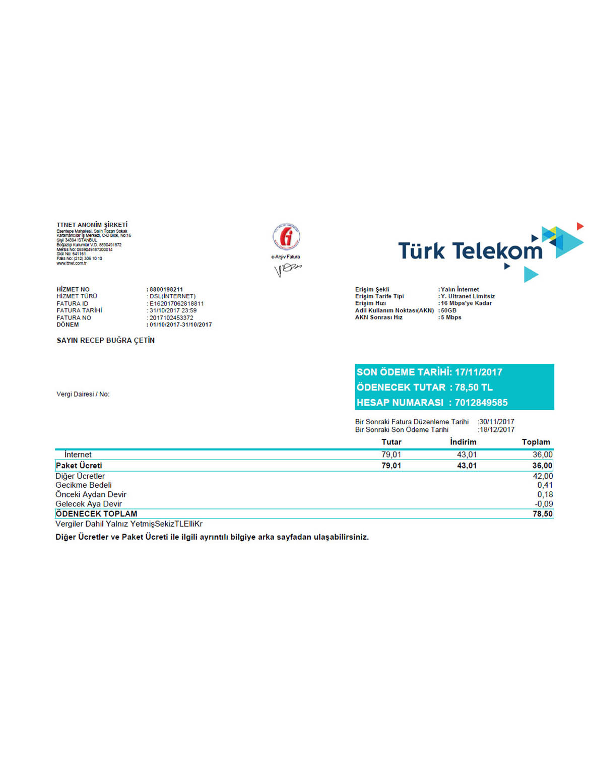 Turkey Turktelekom utility bill
