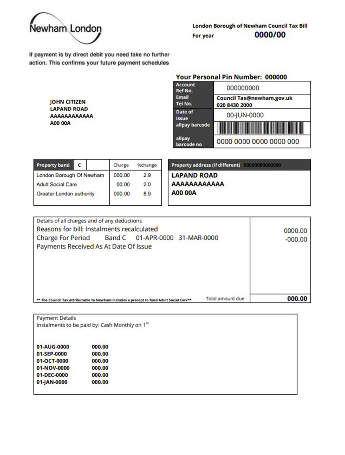 United Kingdom London of Borough of Newham council tax bill