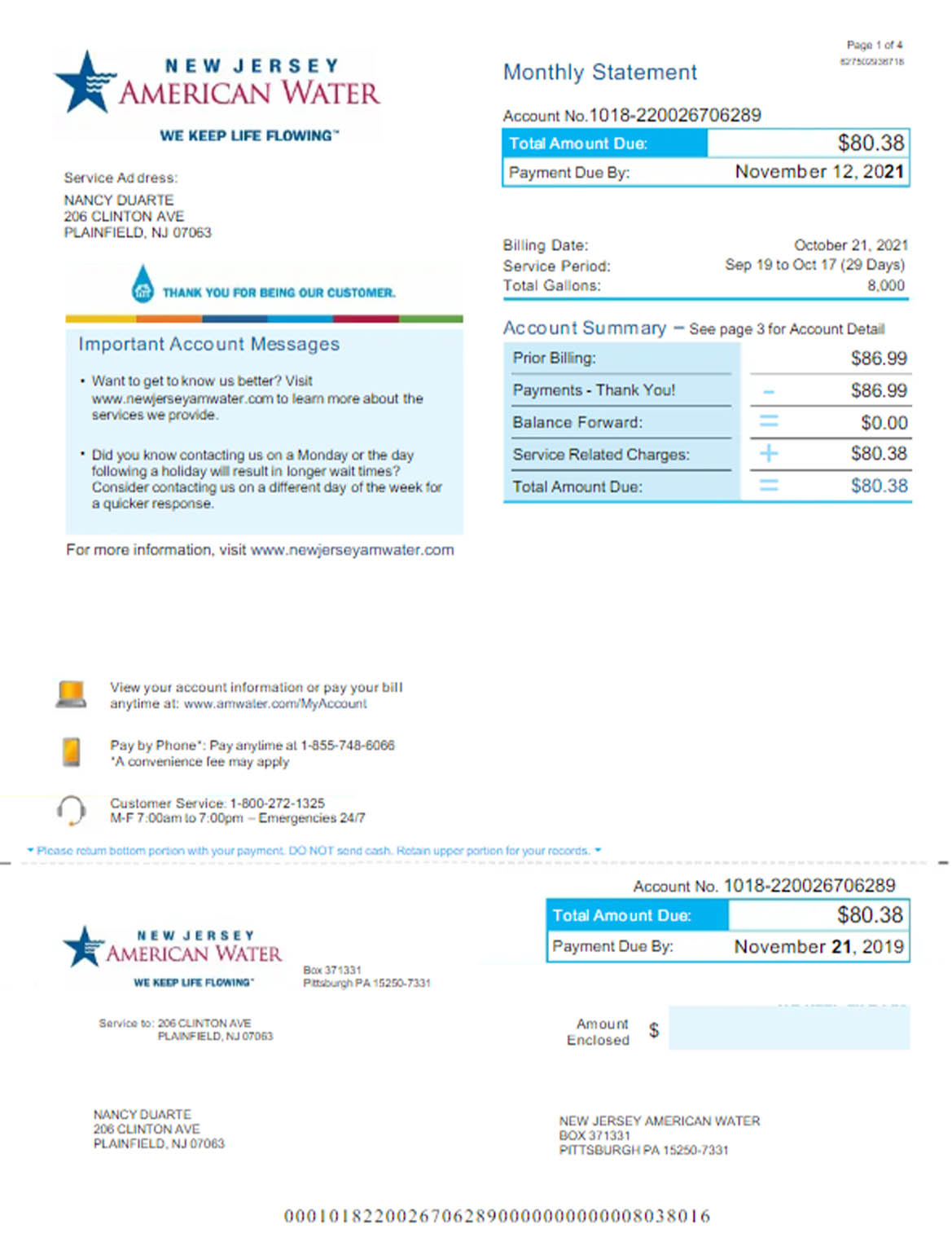 USA New Jersey american water utility bill