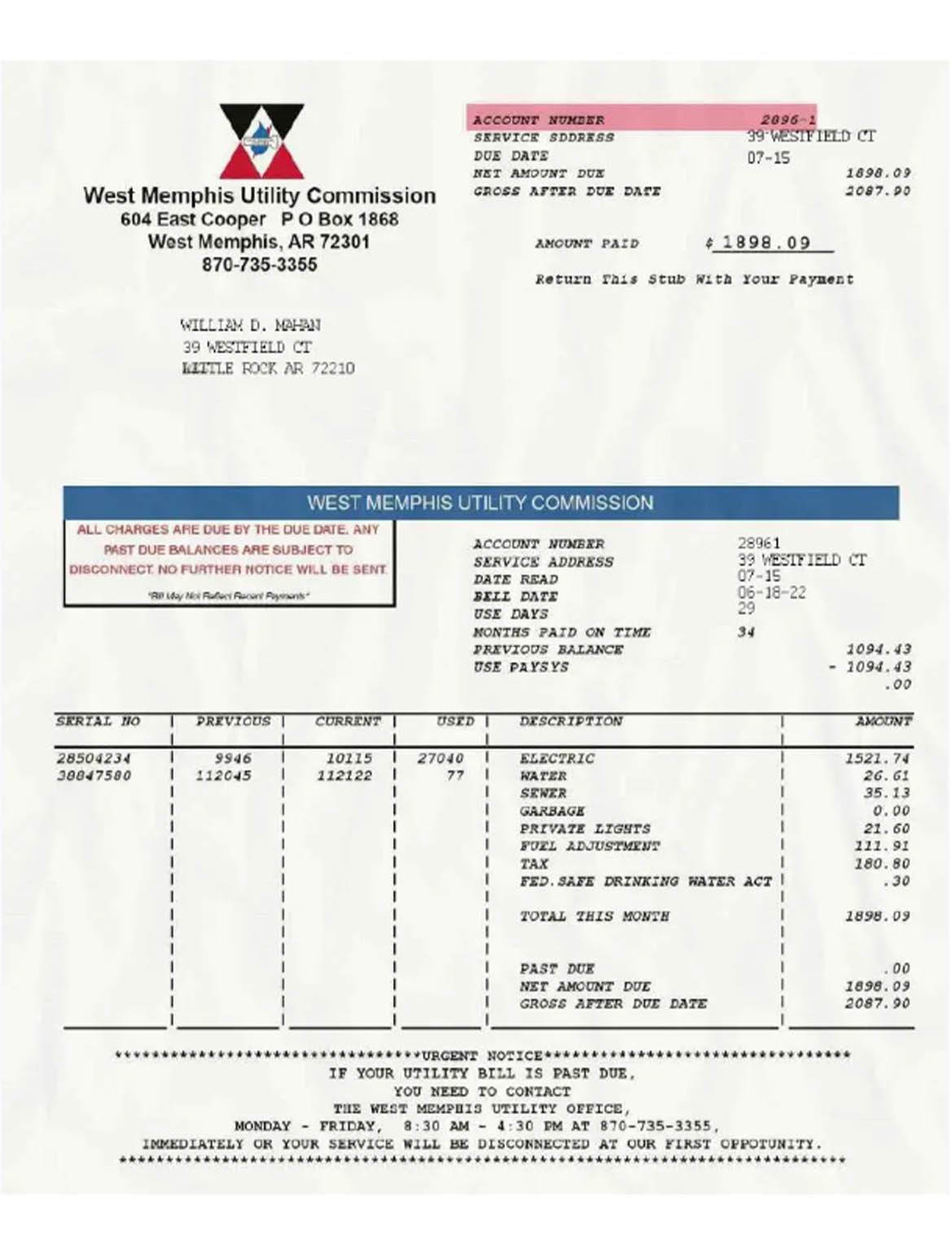 USA Woodlands water utility bill